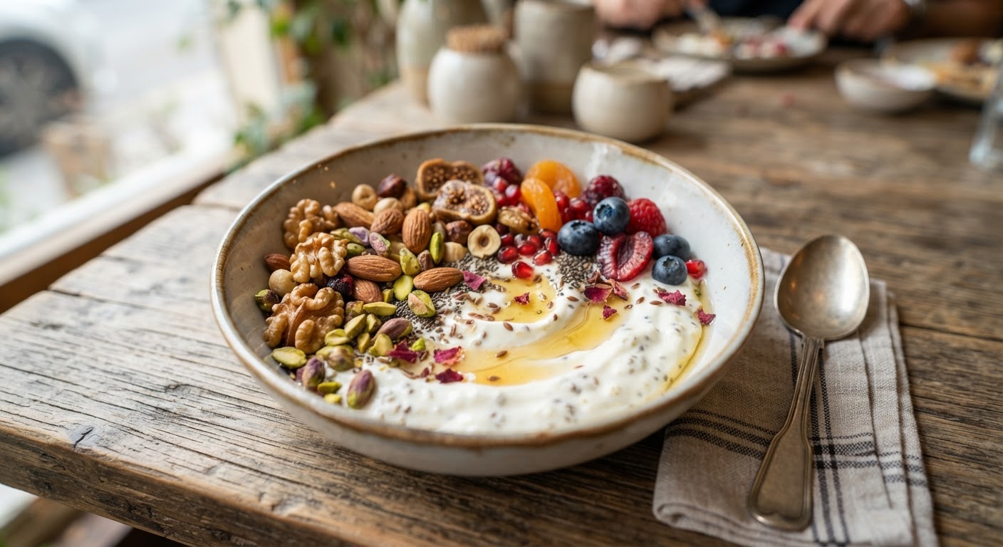 زبادي يوناني بالمكسرات والشيا