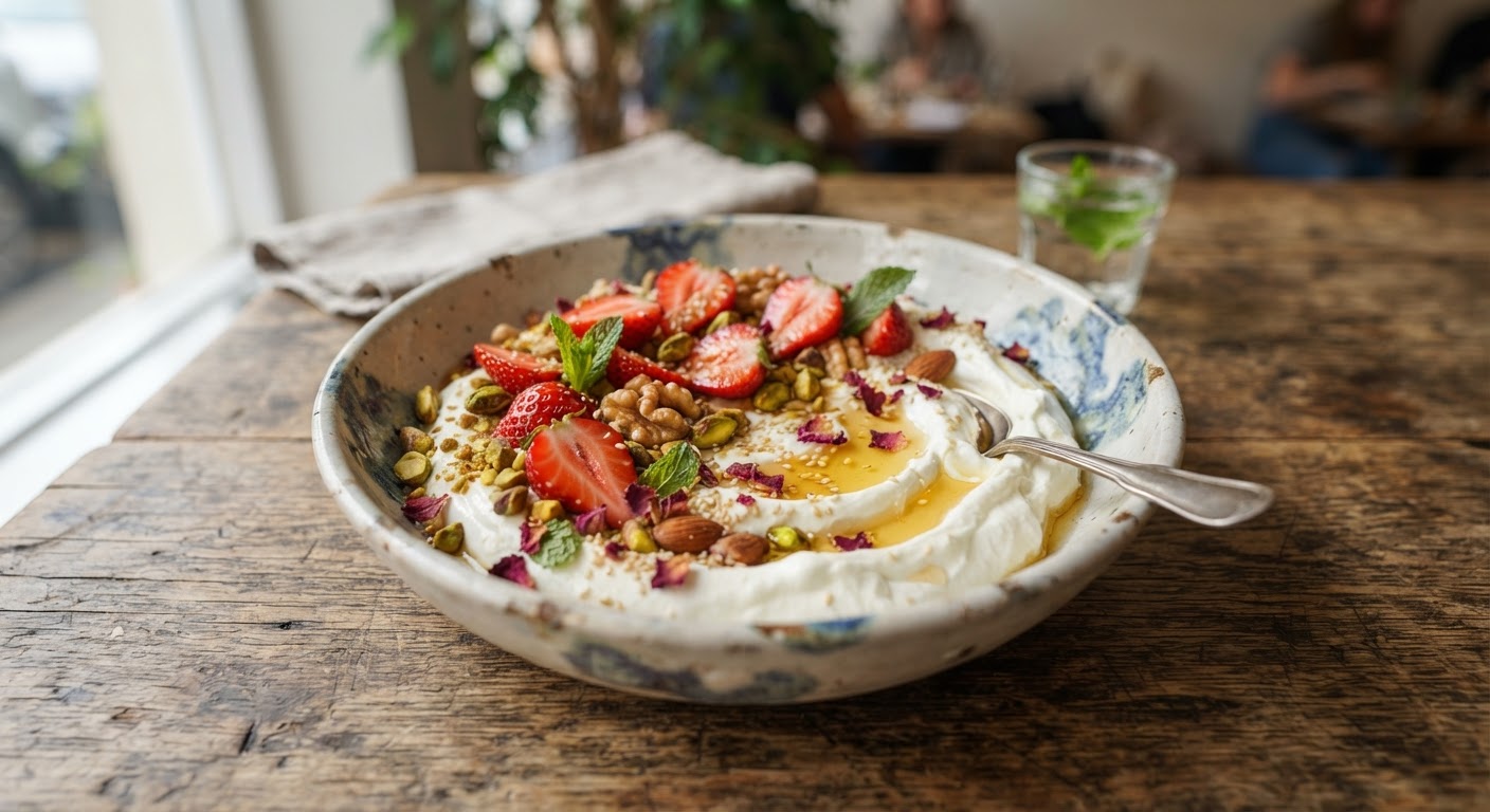 لبن يوناني بالفراولة والمكسرات